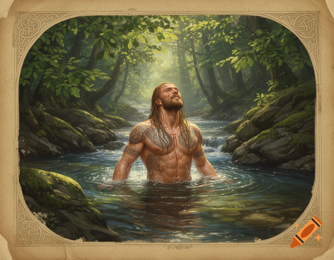 A tattooed man with long hair bathes in a forest river, looking upwards as sunlight filters through trees, framed by an ornate medieval parchment.