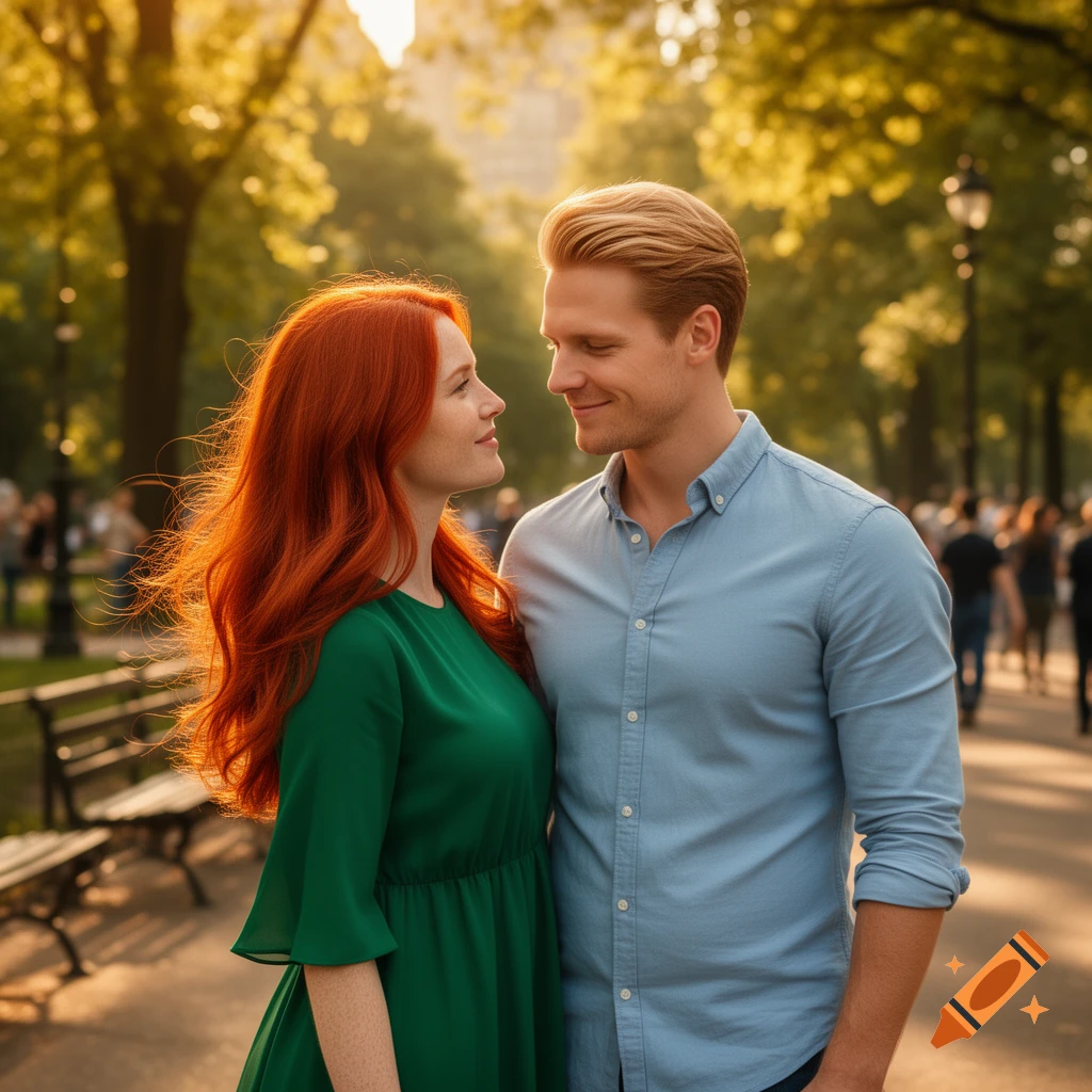 A red-haired woman in a green dress and a blonde man in a blue shirt gaze at each other in a sunny park.