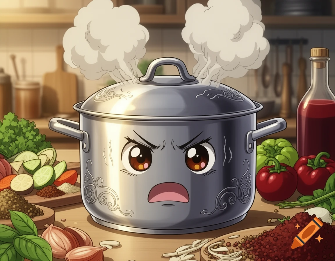 An angry, steaming anime-style cooking pot sits on a kitchen counter surrounded by fresh vegetables and spices.