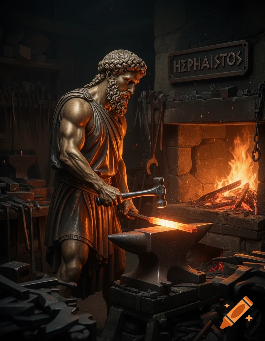 A muscular, bronze-like statue of Hephaistos in a toga, hammering glowing metal on an anvil in a dark forge, with fire and tools visible.