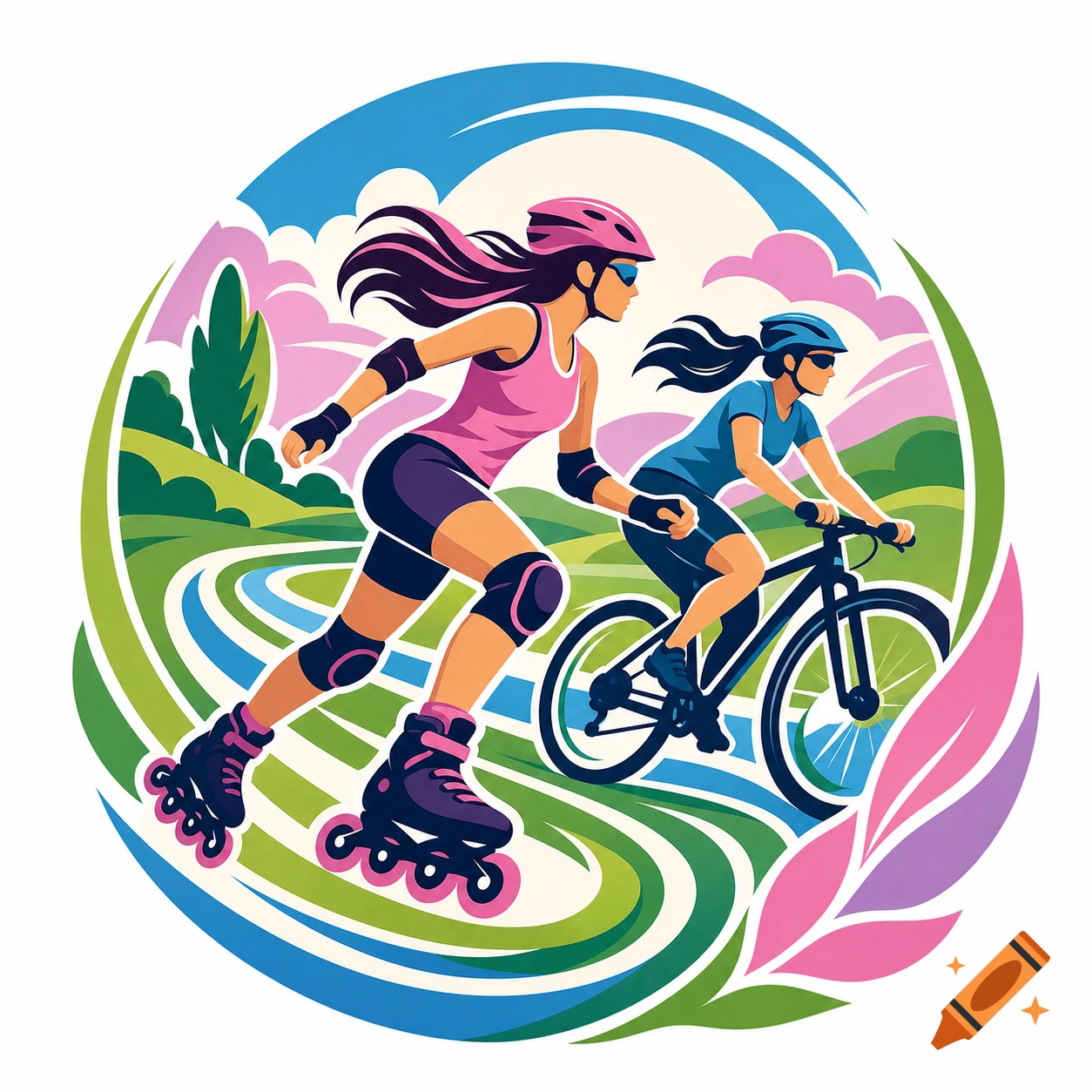 Stylized illustration of a woman rollerblading and another cycling outdoors on a winding path.