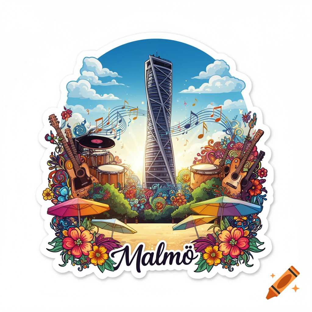 Colorful sticker illustration featuring Turning Torso building, musical instruments, flowers, beach umbrellas, and 'Malmö' text.