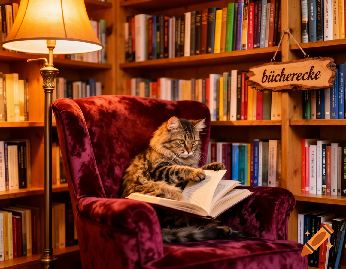 A fluffy tabby cat sits on a red velvet armchair, reading a book in a cozy library, with a sign reading 'bücherecke'.