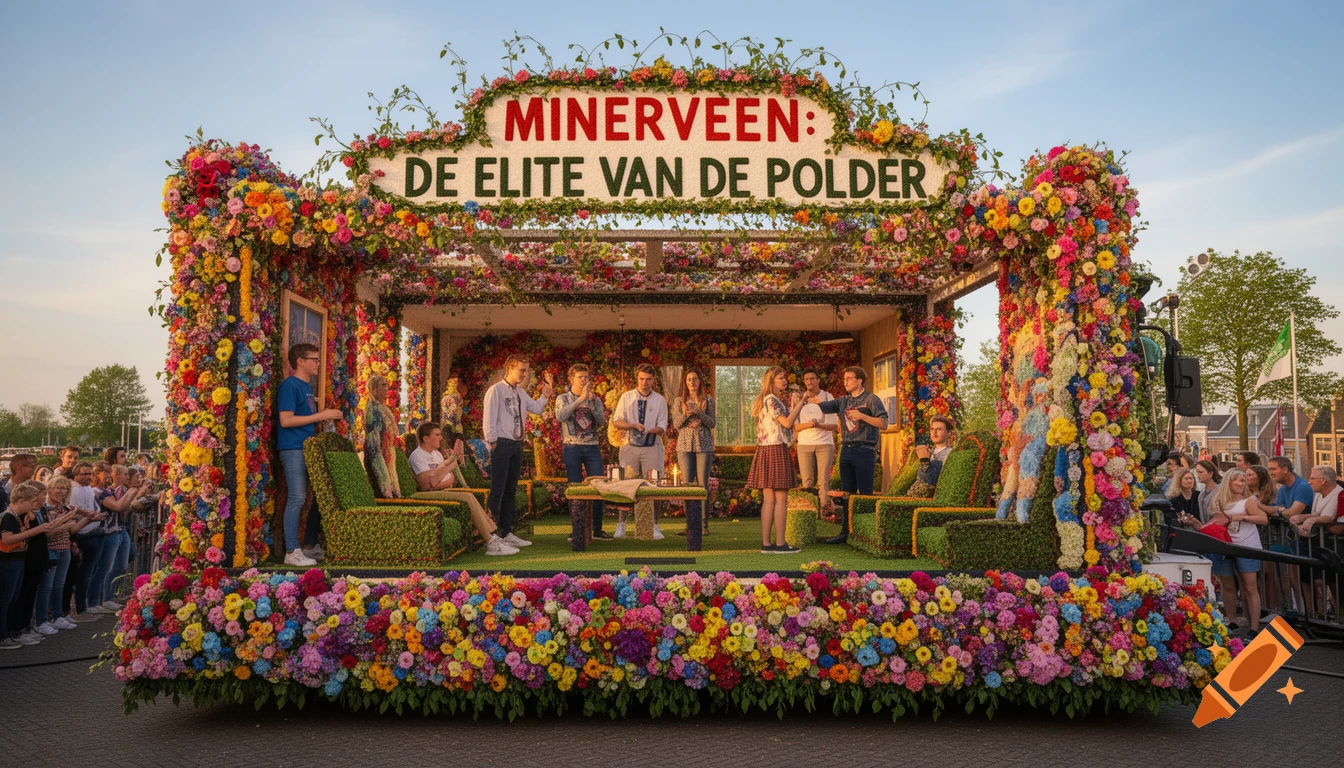 A vibrant floral parade float titled "MINERVEEN: DE ELITE VAN DE POLDER" with young people on and around it, covered in colorful flowers.