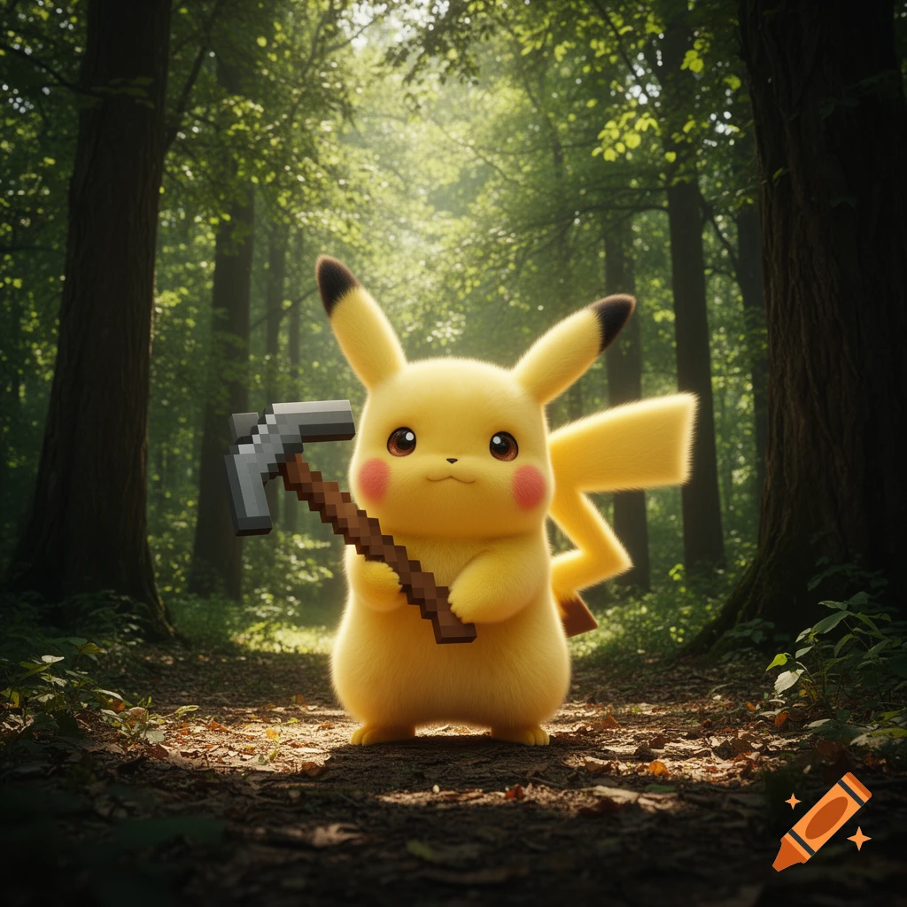 A fluffy, stylized Pikachu stands in a lush forest, holding a pixelated Minecraft pickaxe.
