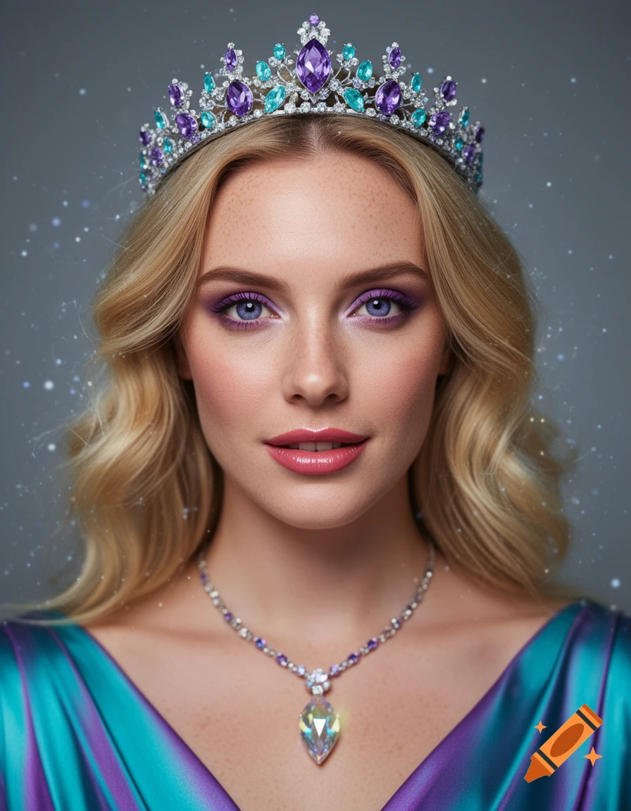 A close-up portrait of a blonde woman wearing a sparkling purple and turquoise gemstone crown and matching necklace over an iridescent top.