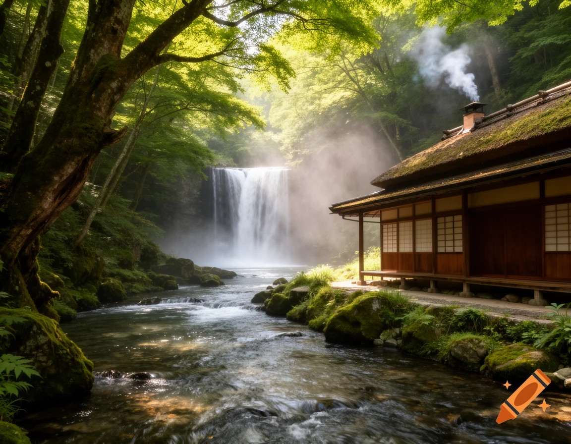 A traditional Japanese house with a thatched roof by a misty waterfall and river in a dense green forest with dappled sunlight.