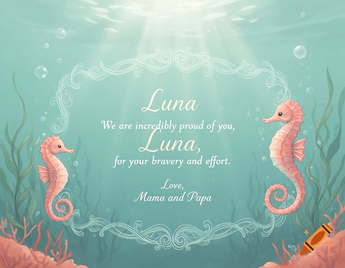 A decorative certificate for Luna, set in a light blue underwater scene with two pink seahorses, green seaweed, and bubbles, stating "We are incredibly proud of you, Luna, for your bravery and effort. Love, Mama and Papa"