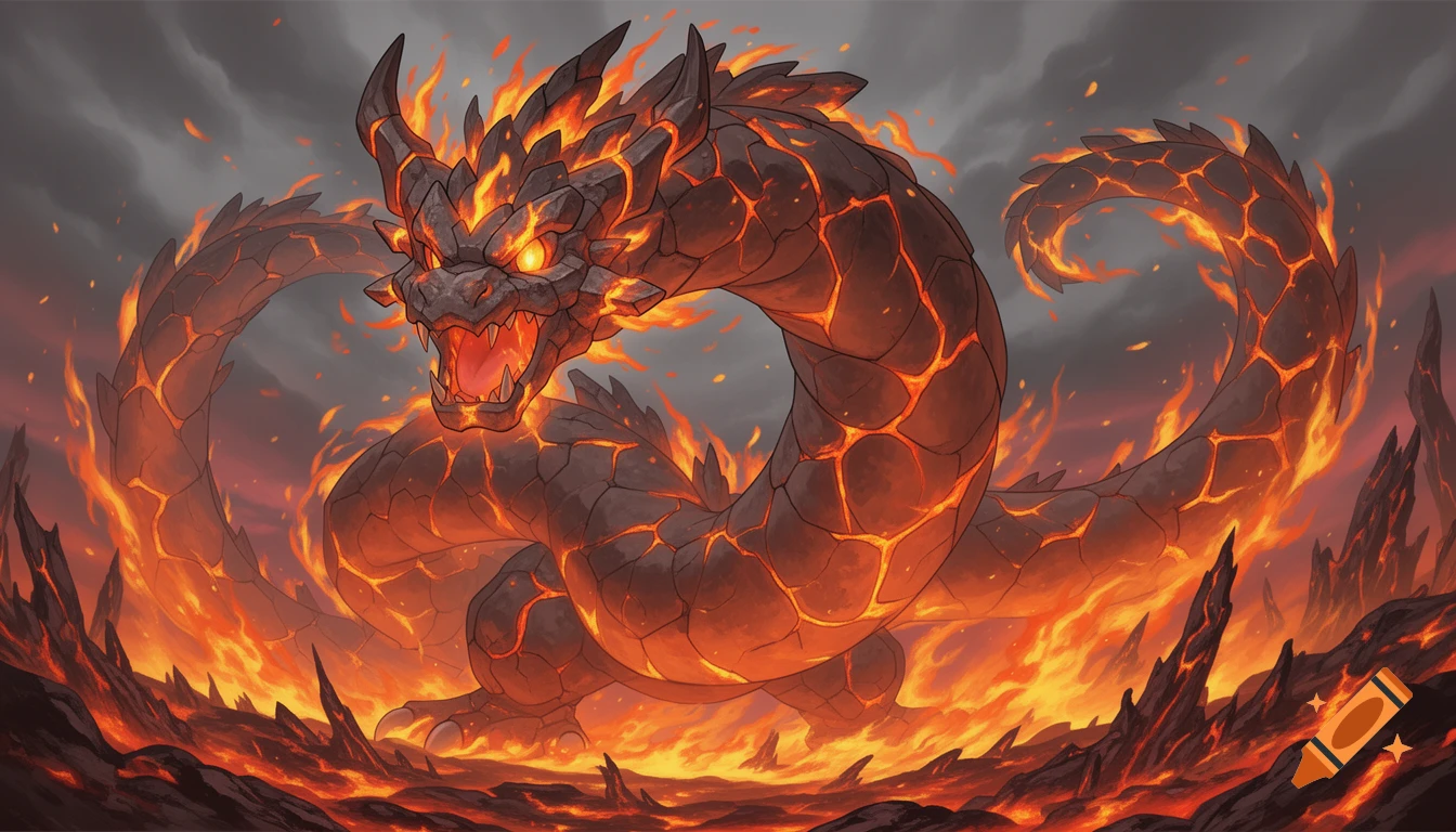 A large, angry lava dragon with glowing eyes and fiery cracks on its body, surrounded by flames in a volcanic landscape.