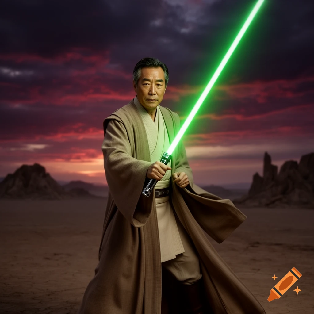 An older Asian man in Jedi robes holds a green lightsaber, standing in a desert landscape under a dramatic red sky.