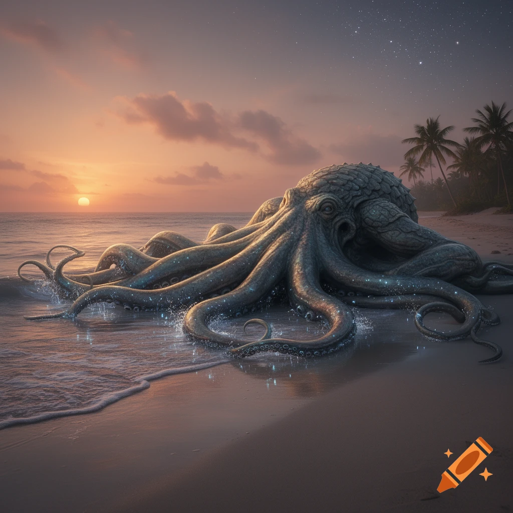 A giant, grey, textured octopus-like creature rests on a sandy beach with glowing water at a vibrant sunset, stars visible above.