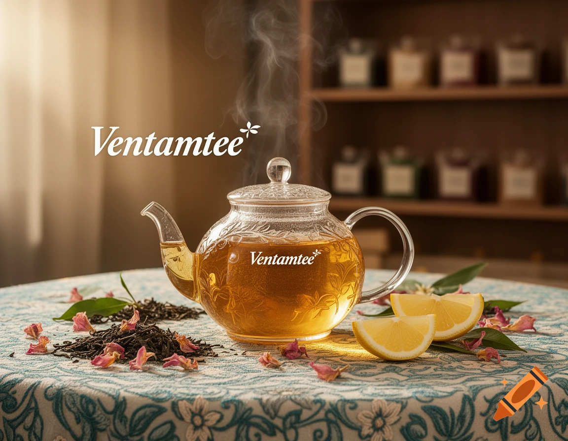 A clear glass teapot of steaming Ventamtee tea with lemon wedges and tea leaves on a patterned tablecloth.