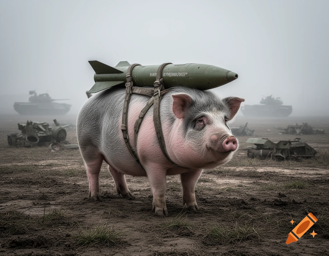 A pink and grey pig with a large green missile strapped to its back stands in a muddy, foggy battlefield with tanks and debris.
