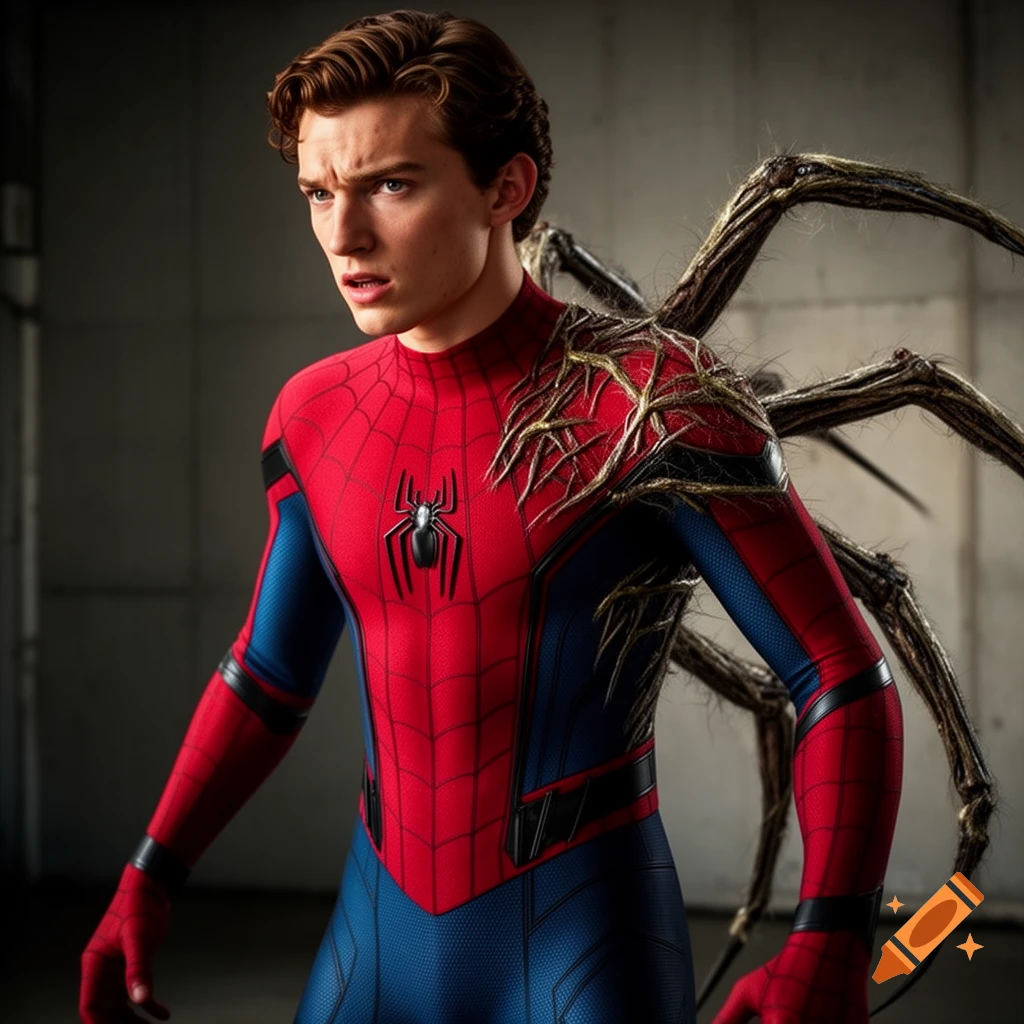 Tom Holland as Spider-Man, partially transformed with organic, root-like spider legs emerging from his shoulder and back, looking determined.