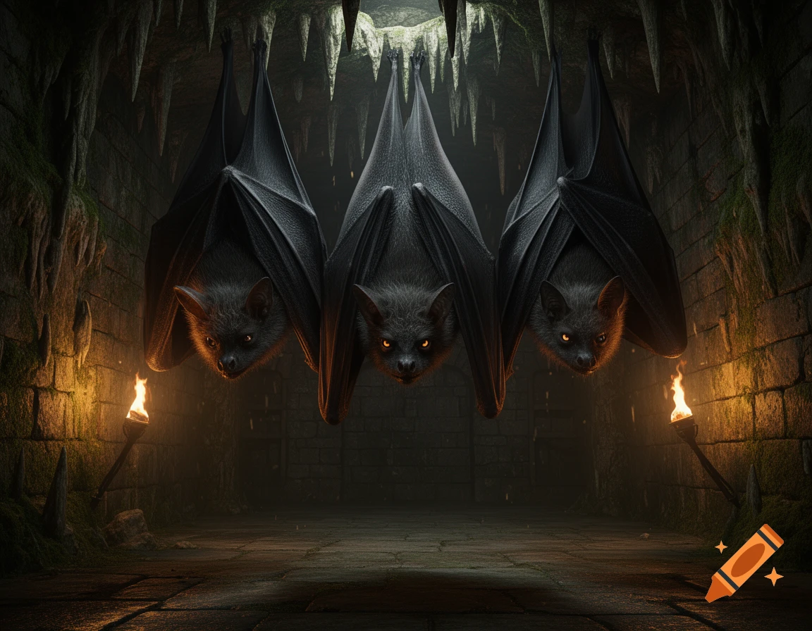 Three dark bats with glowing eyes hang upside down in a torchlit dungeon cave, lit by two torches.