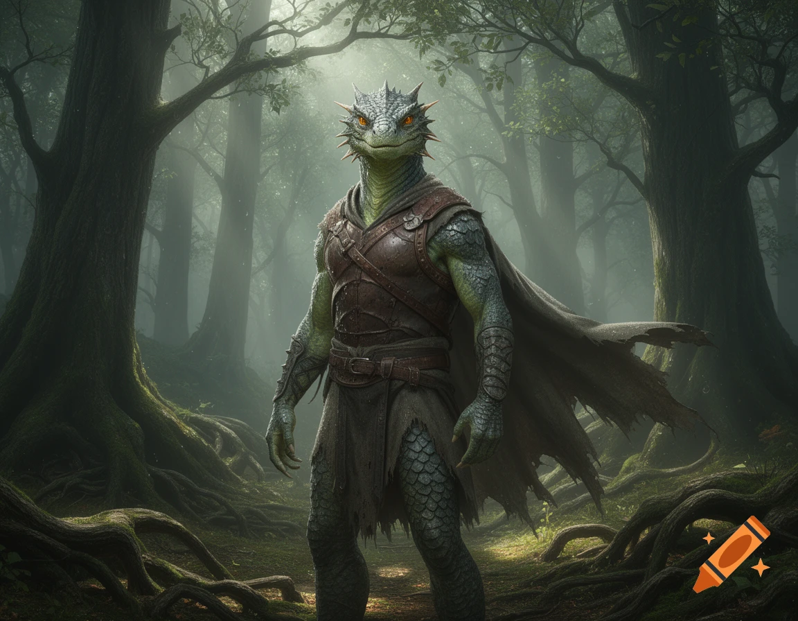 A photorealistic male Argonian with scales and spikes, dressed in leather armor and a ragged cloak, stands in a misty, dark forest with large trees and gnarled roots.