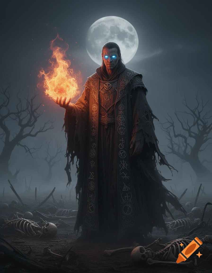 A dark fantasy art depicting a male necromancer with glowing blue eyes holding a fireball in a foggy, moonlit graveyard filled with skeletons and dead trees.