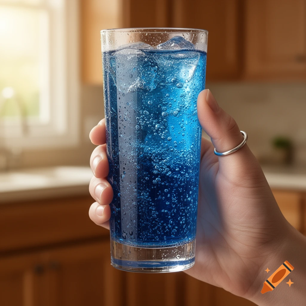 A hand holding a tall glass of sparkling blue soda with ice, in a kitchen setting.