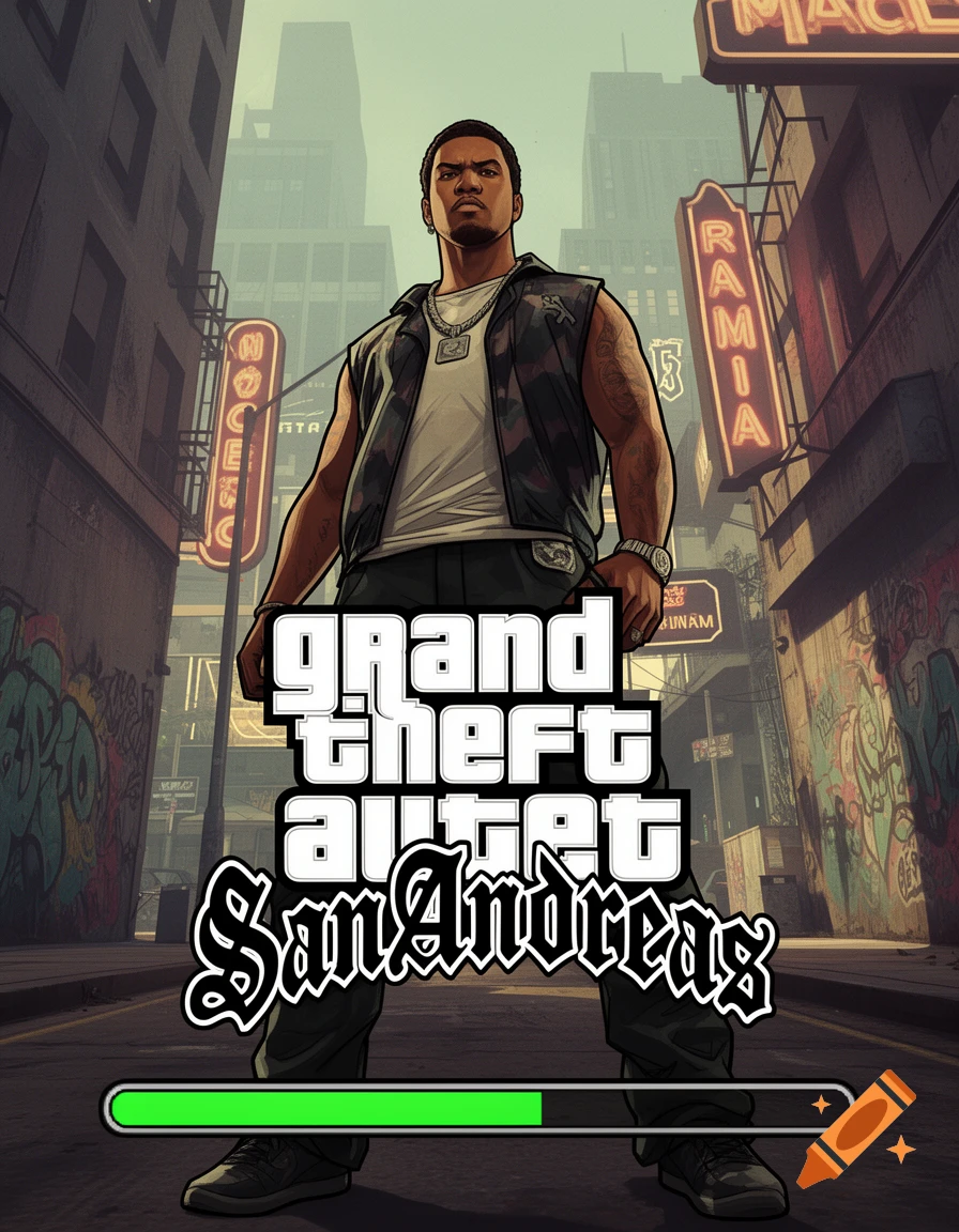A cel-shaded illustration in GTA San Andreas style shows a man standing in an urban street with the game's logo and a loading bar.