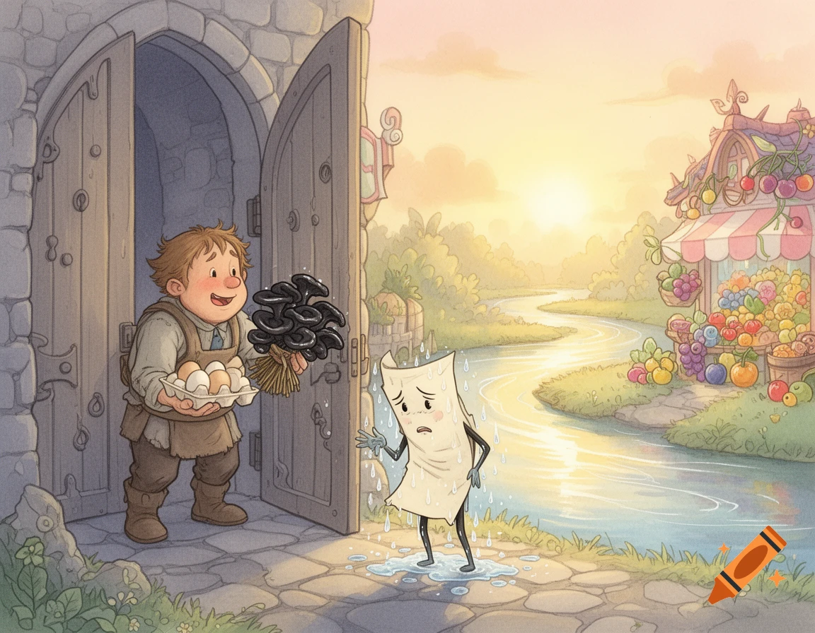 A whimsical watercolor illustration of a happy castle gatekeeper offering eggs and black mushrooms to a sad, dripping anthropomorphic paper character. A river and fruit shop are in the background.