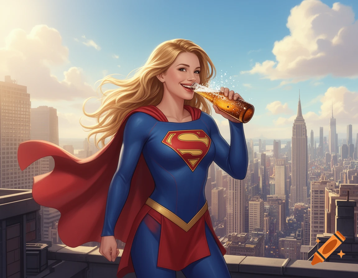 Illustration of Supergirl on a city rooftop, smiling while drinking from a bottle with bubbles, overlooking a skyline.