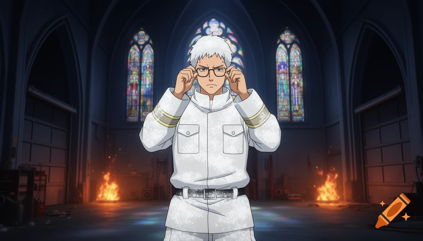 Anime character Lieutenant Hinawa adjusts his glasses in a dimly lit cathedral firehouse with ground fires.
