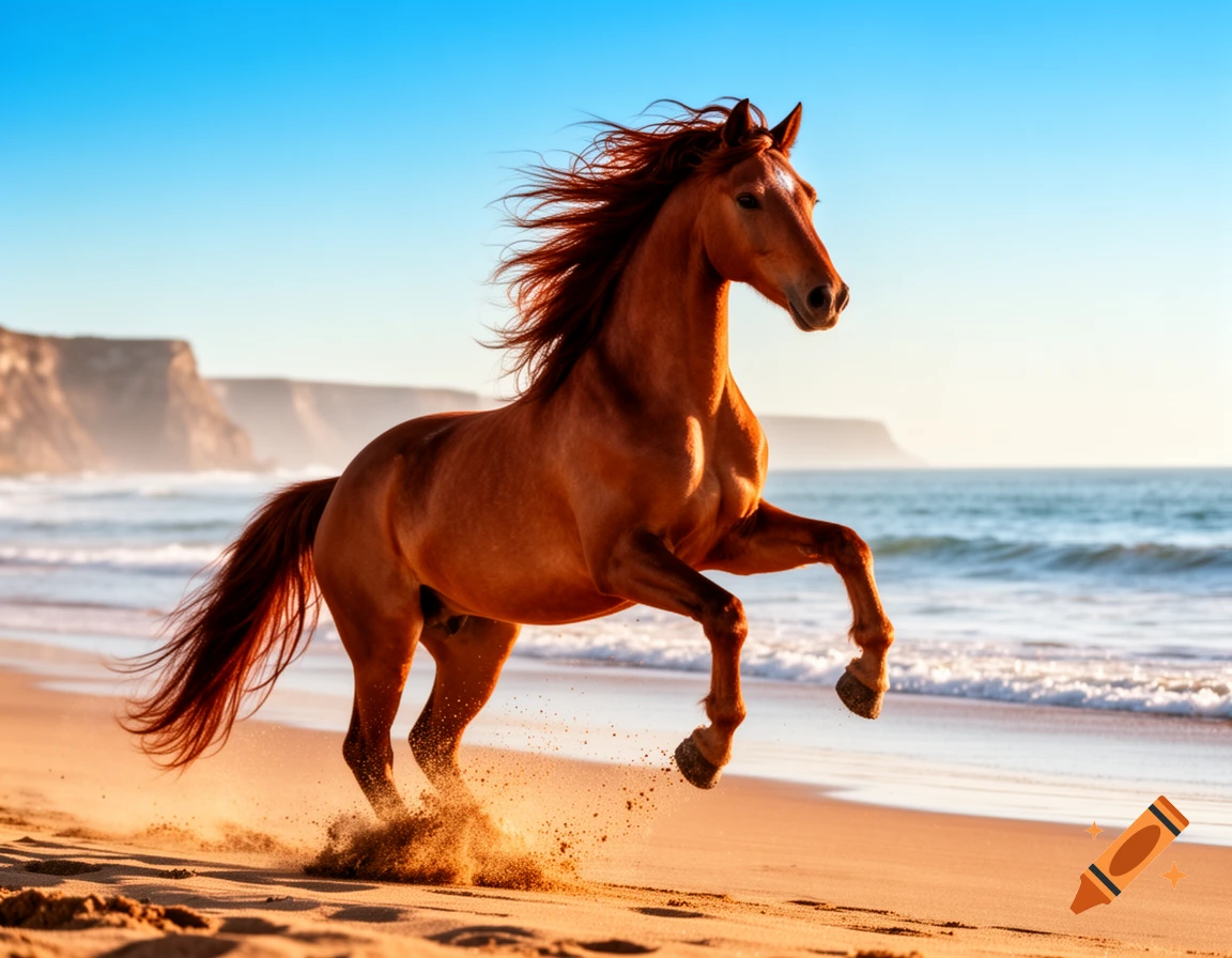 A photorealistic image of a brown horse rearing on a sunny beach with ocean waves and cliffs in the background.