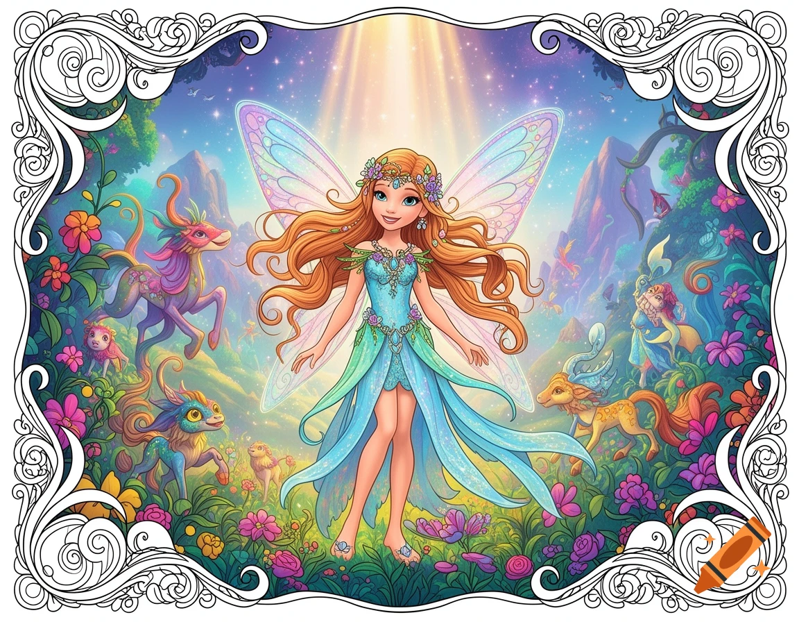 A vibrant cartoon illustration of a smiling fairy with orange hair and a blue dress, surrounded by colorful mythical creatures and flowers in a magical forest, with bright light shining from above.