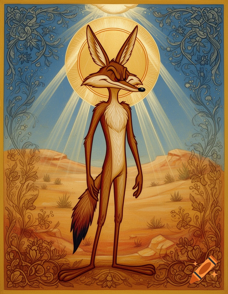 Wile E. Coyote stands in a desert, stylized as an Eastern Orthodox icon with a halo and ornate borders.