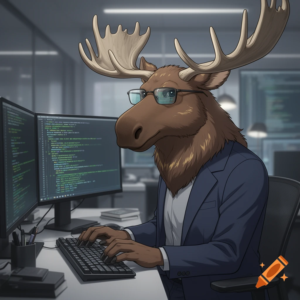 An anthropomorphic anime moose wearing glasses and a suit, typing on a keyboard at a desk with two computer monitors displaying code.