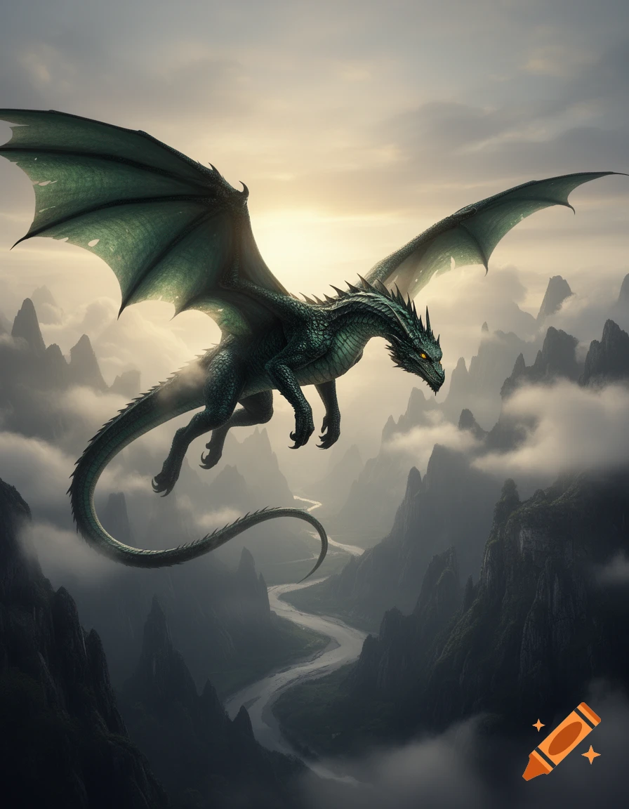A large green dragon with prominent wings soars above a dramatic, misty mountain range with a winding river below.