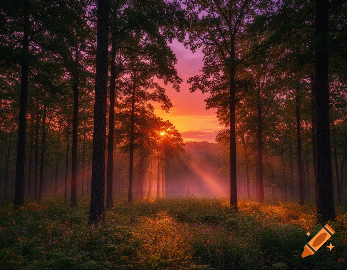 Photorealistic image of a vibrant orange and purple sunset over a misty forest, with sun rays piercing through the trees onto the forest floor.