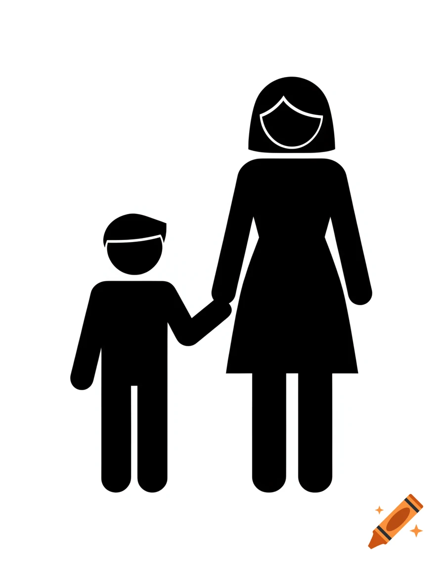 Black and white pictogram of a mother and her son holding hands.