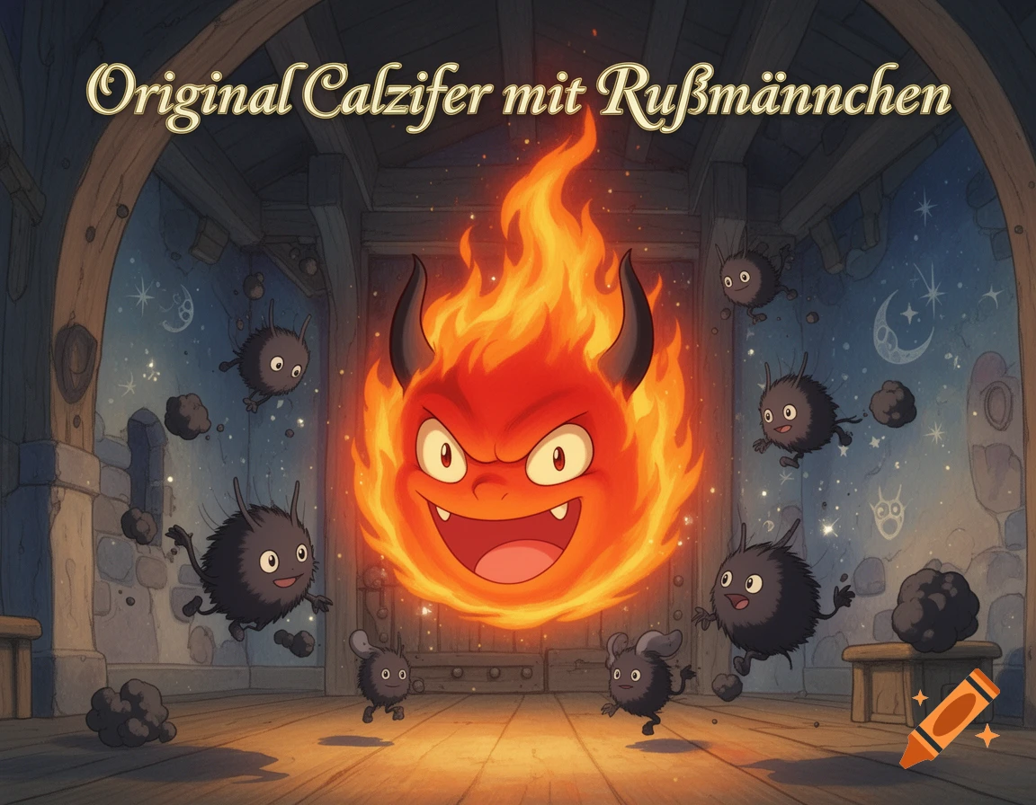A cheerful, fiery demon with horns surrounded by small black soot sprites in a magical, arched room.