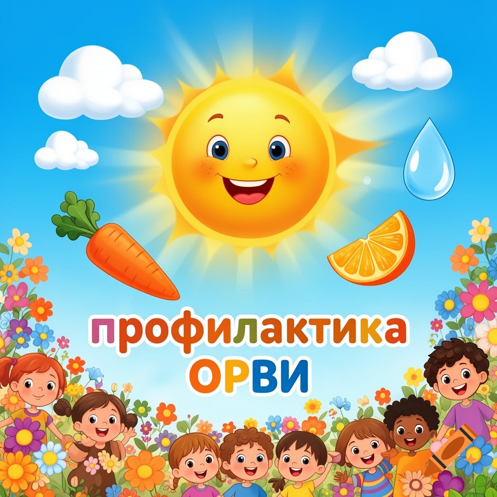 Bright cartoon of happy diverse children and a smiling sun, surrounded by flowers, a carrot, orange, and water drop, with Russian text "профилактика ОРВИ" (prevention of ARVI).