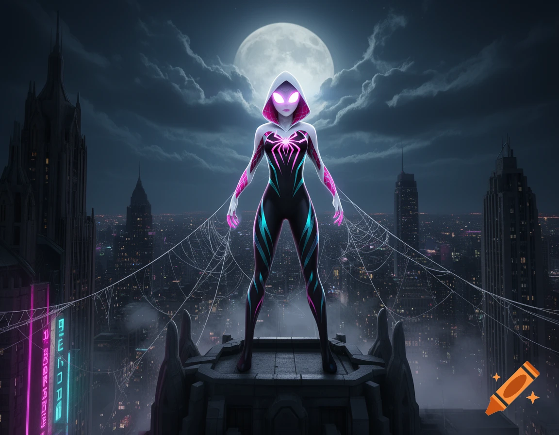A hooded Spider-Gwen stands on a skyscraper rooftop at night, glowing with neon pink and blue, against a full moon and city skyline.