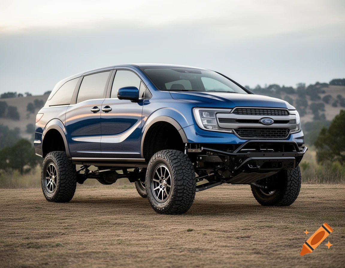A blue custom-built minivan/SUV, lifted on a Ford F-250 frame with large off-road tires, parked on a grassy field.