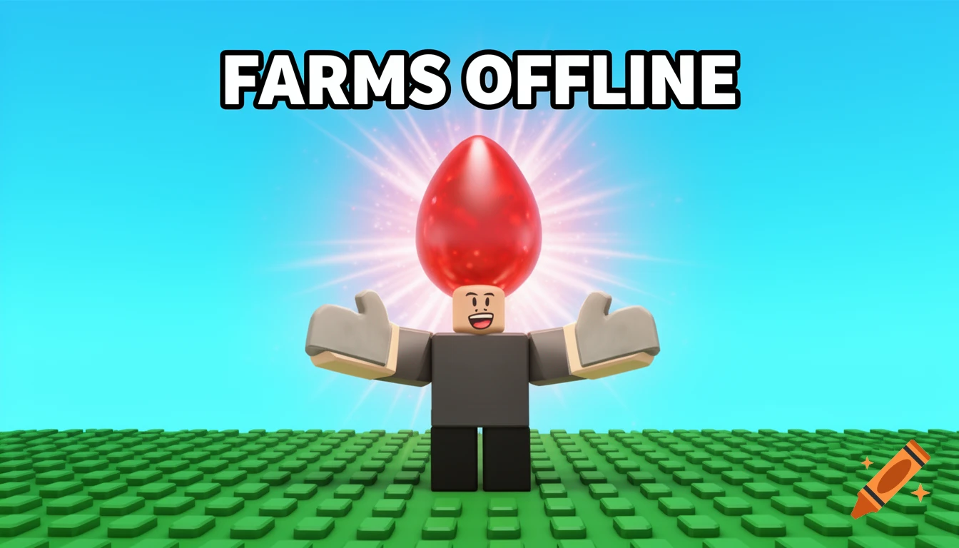 A Roblox noob character with a glowing red pearl behind his head on a green studded ground under a blue sky, with 'FARMS OFFLINE' text above.