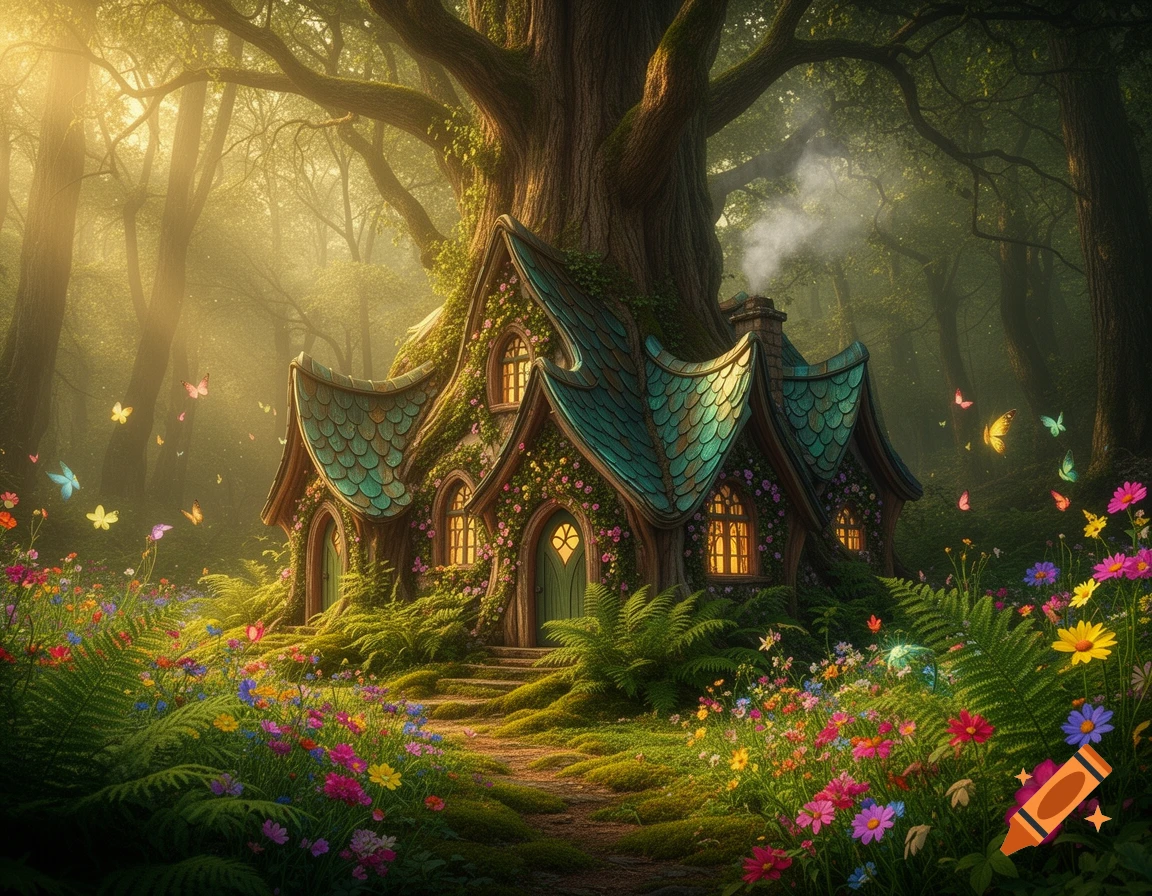 A whimsical fairy house with a green scalloped roof built into a large tree in a sunlit forest, surrounded by colorful wildflowers and butterflies.