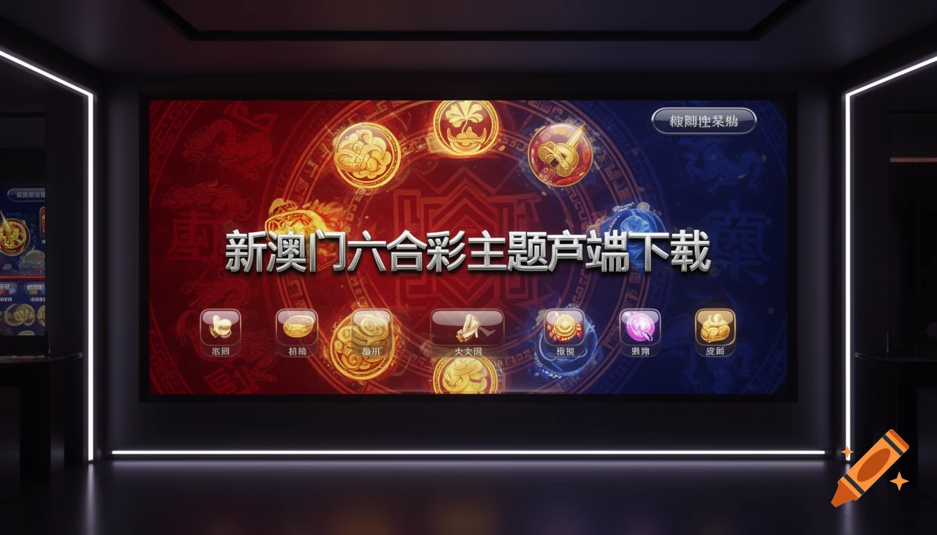 A large screen displays a Chinese lottery game interface with golden icons and text, set in a dark room with glowing white neon lights.