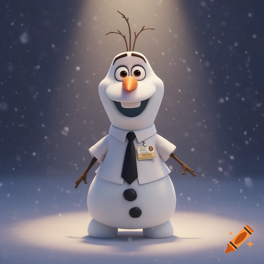A happy Olaf from Frozen wears a white shirt, black tie, and a badge in a snowy setting with a spotlight.