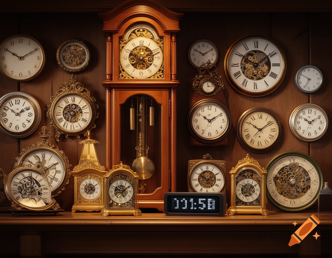 A dark wooden display shelf filled with a large collection of antique and modern clocks, including a grandfather clock, various wall clocks with Roman and Arabic numerals, intricate gold mantel clocks, and a black digital alarm clock showing '13:1:50'.
