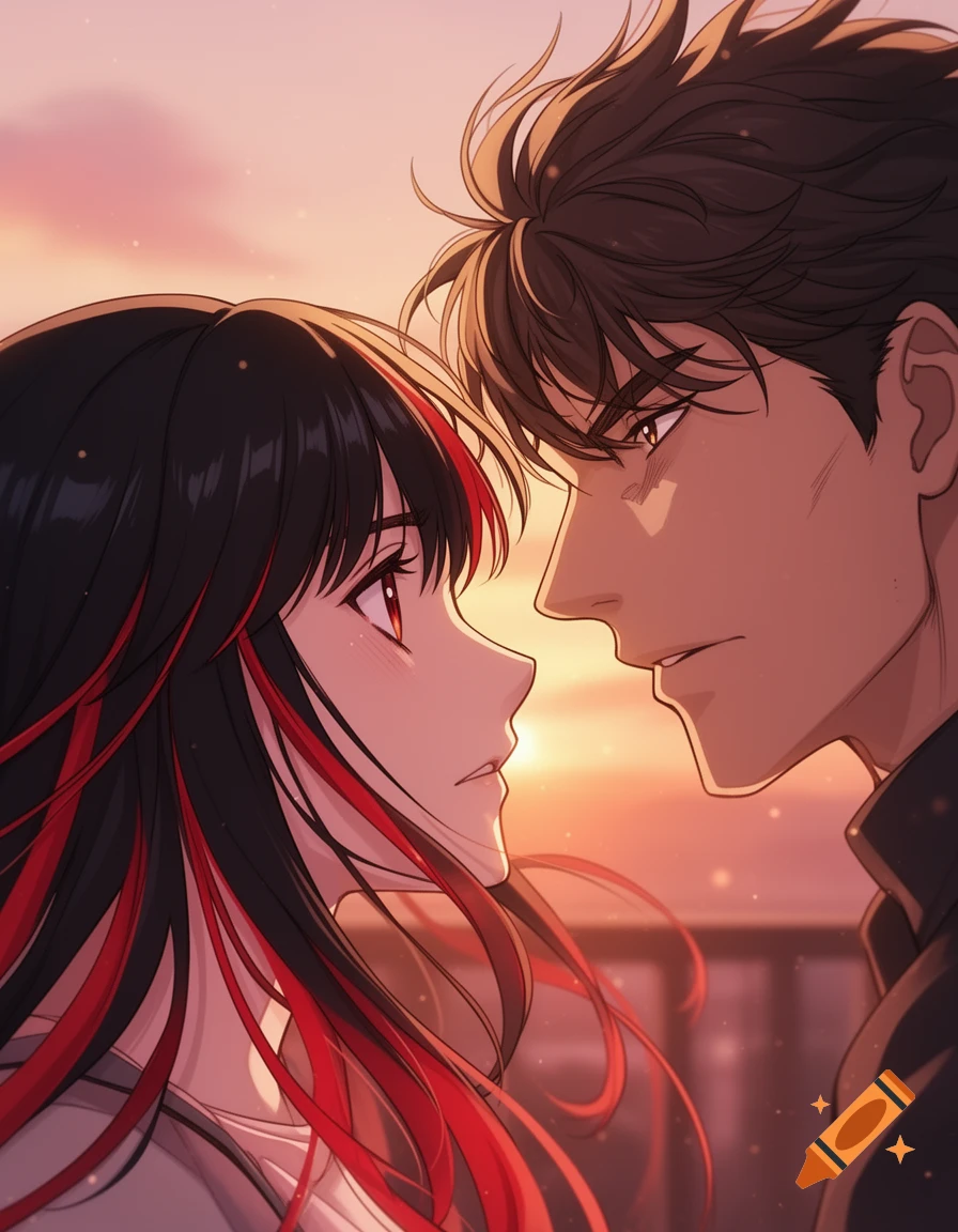 An anime couple with faces close, looking at each other against a warm sunset sky.