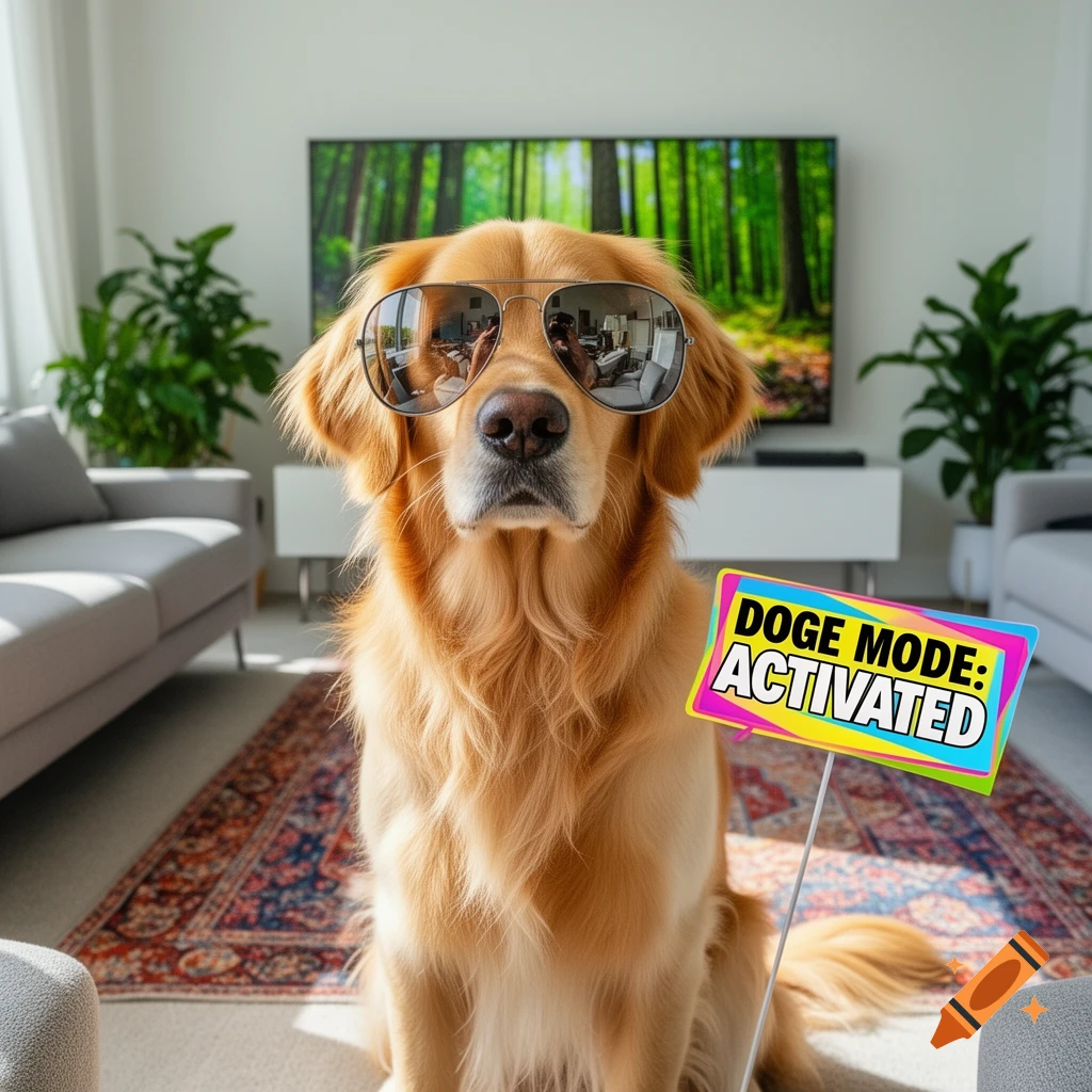 A golden retriever wearing aviator sunglasses sits in a living room, holding a sign that says 'DOGE MODE: ACTIVATED'.