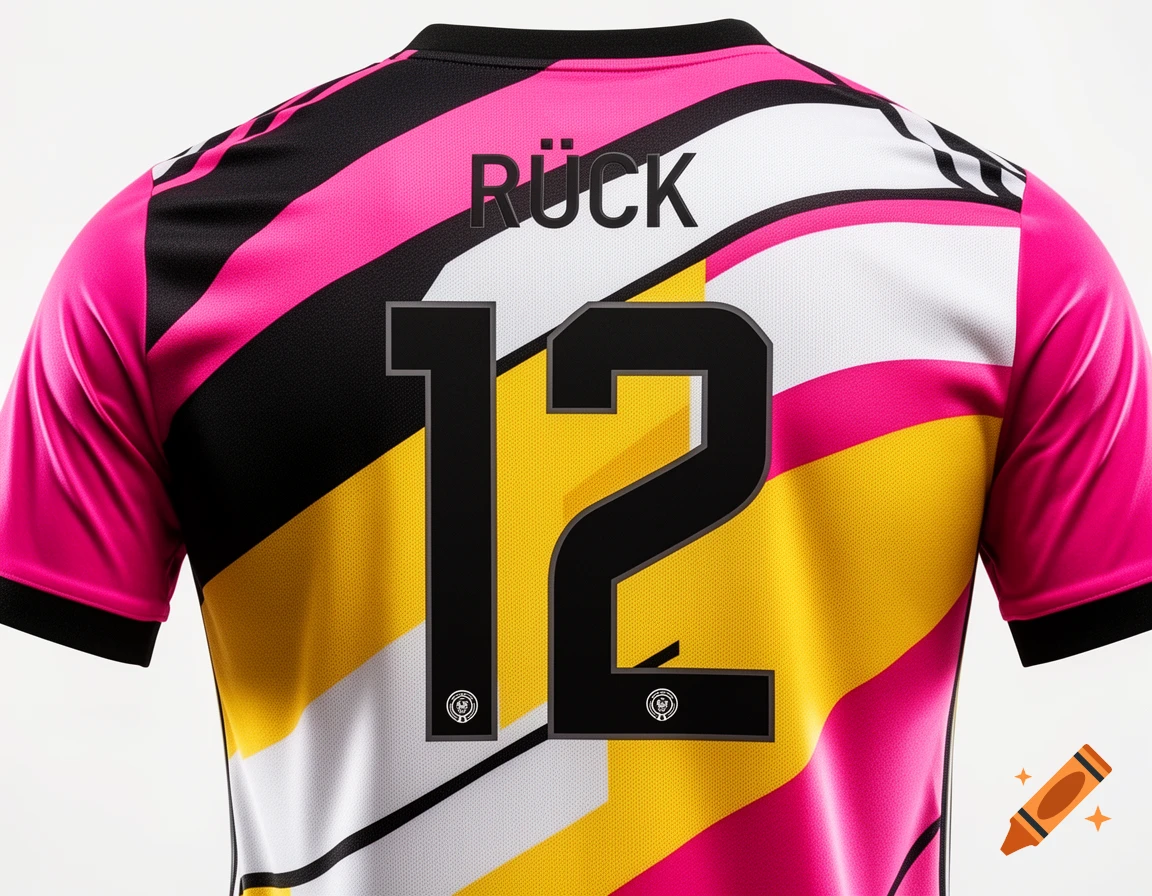 Back of a soccer jersey with "RÜCK" and number "12", featuring diagonal pink, black, yellow, and white stripes.