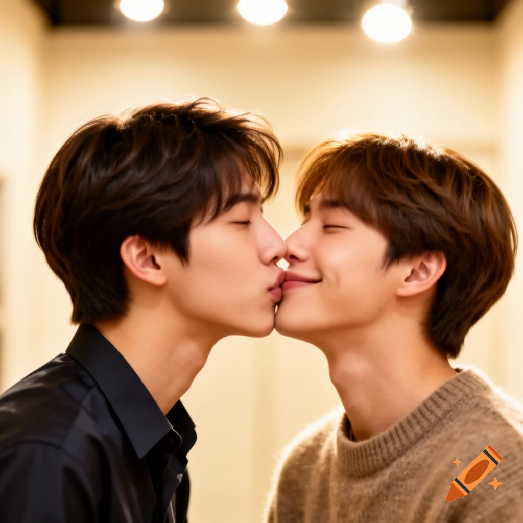 Two young men with closed eyes, kissing intimately, bathed in warm indoor light, photorealistic style.