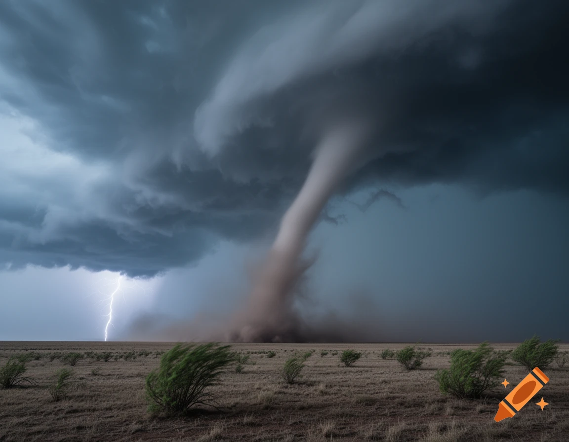 A massive tornado swirls under dark, stormy clouds, with a lightning bolt striking in the distance over a vast, arid landscape.