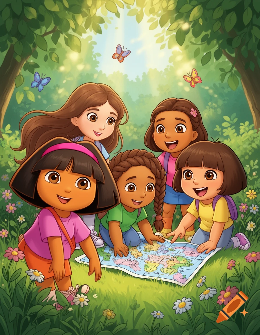 Five diverse cartoon girls, one resembling Dora the Explorer, kneel around a world map on grassy ground, surrounded by flowers and butterflies in a sunlit forest.