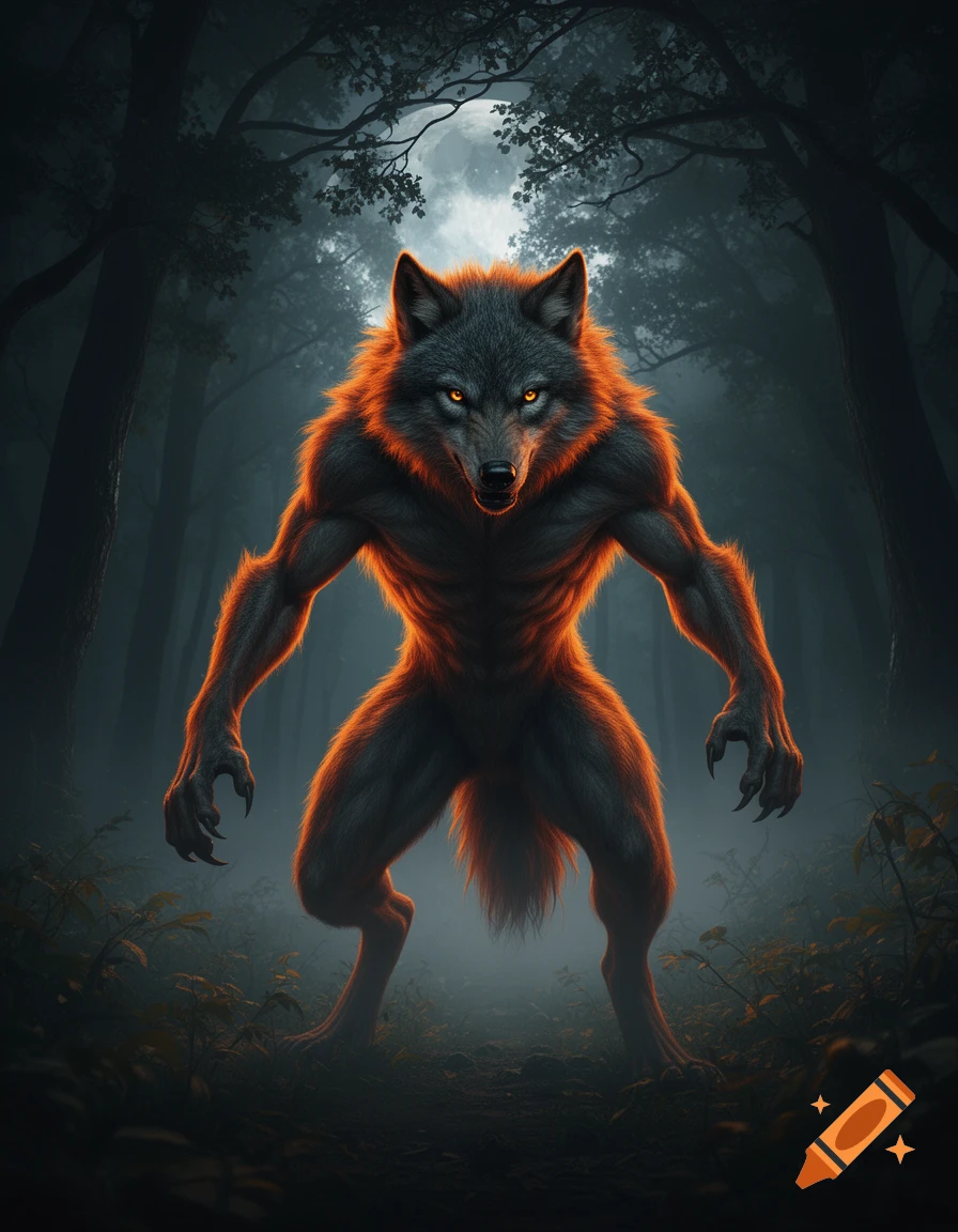 A menacing orange-furred werewolf with glowing eyes stands powerfully in a dark, misty forest under a full moon.