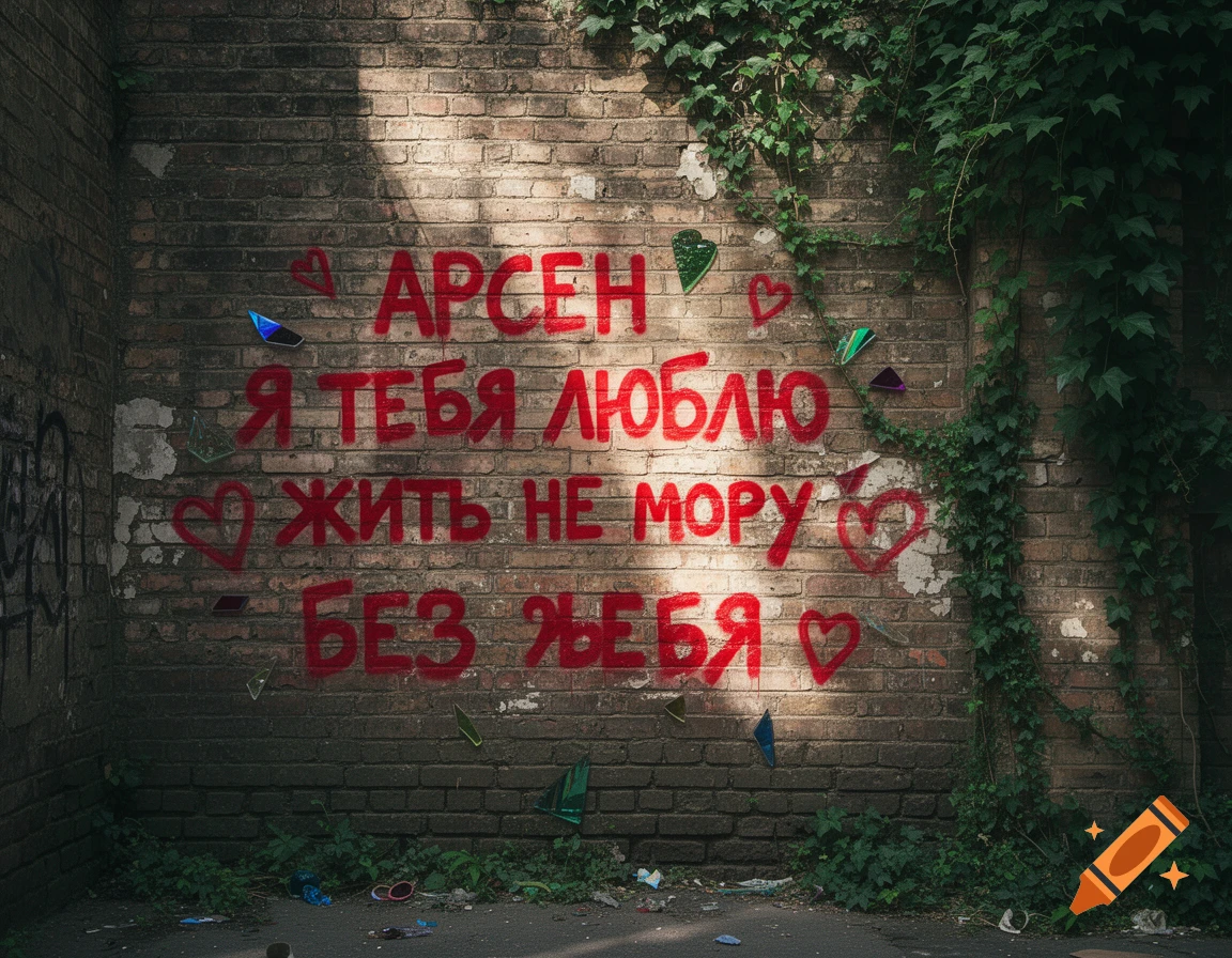 Red Cyrillic graffiti 'Arsen, I love you, I can't live without you' on a weathered brick wall with ivy.
